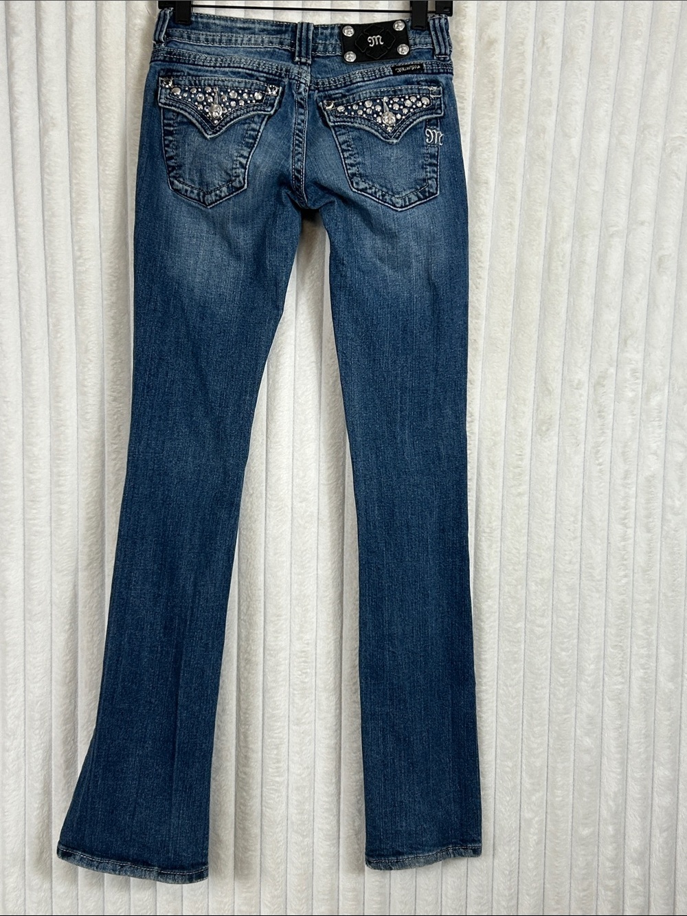Y2K Miss Me button flap back pocket bling low rise bootcut Flare Jeans 26